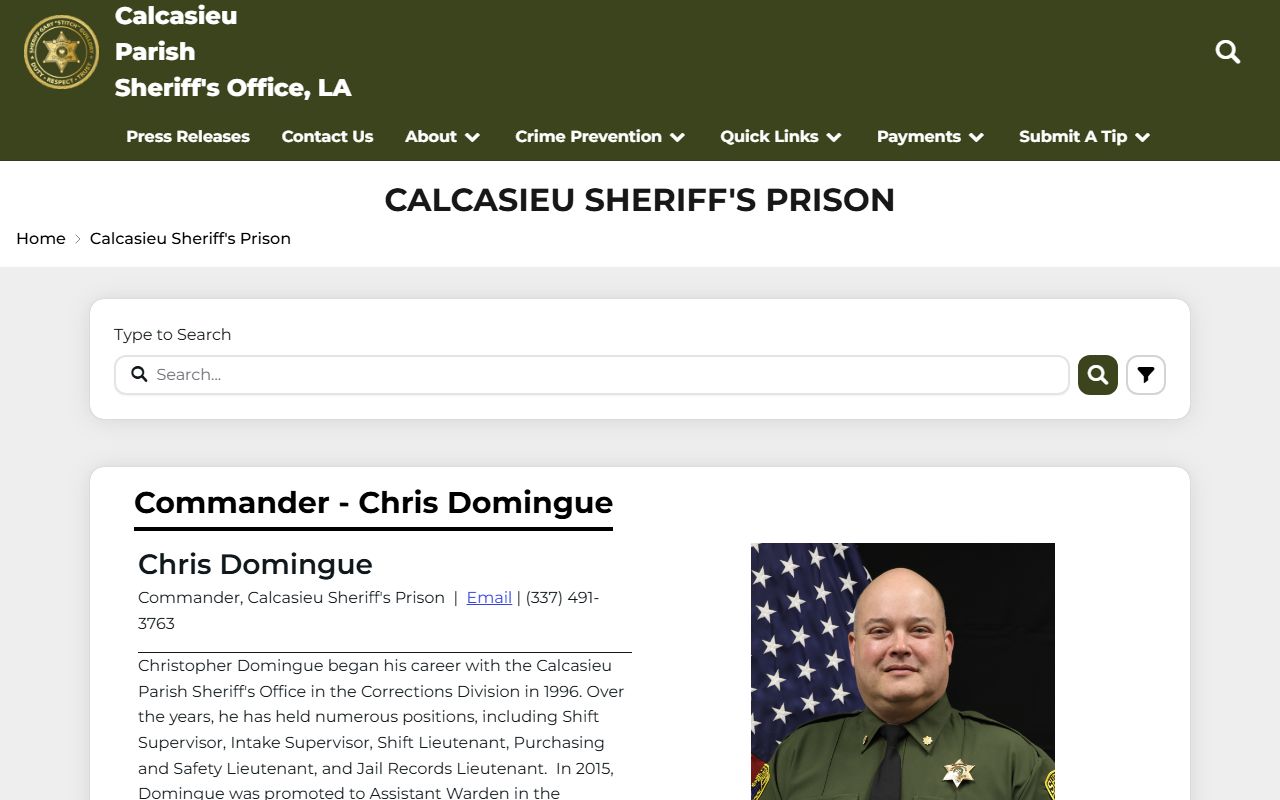 Calcasieu Sheriff's Prison inmate population page from CPSO