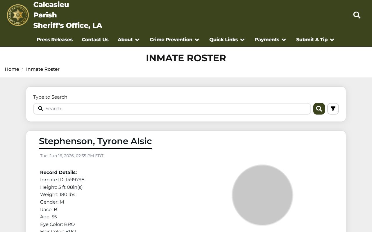 Calcasieu Parish County inmate roster search with booking photos and View Charges links