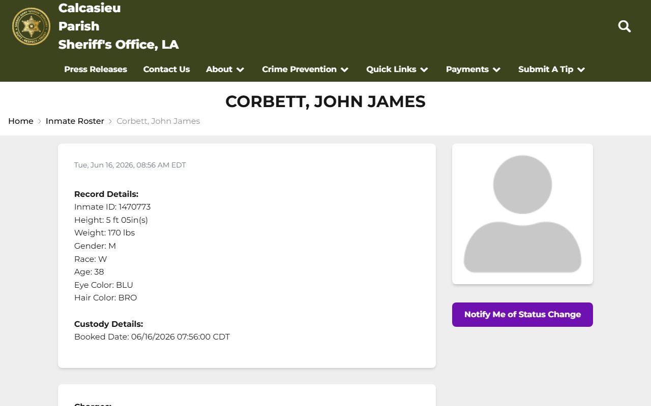 Calcasieu Parish inmate profile with mugshot and VINELink notification