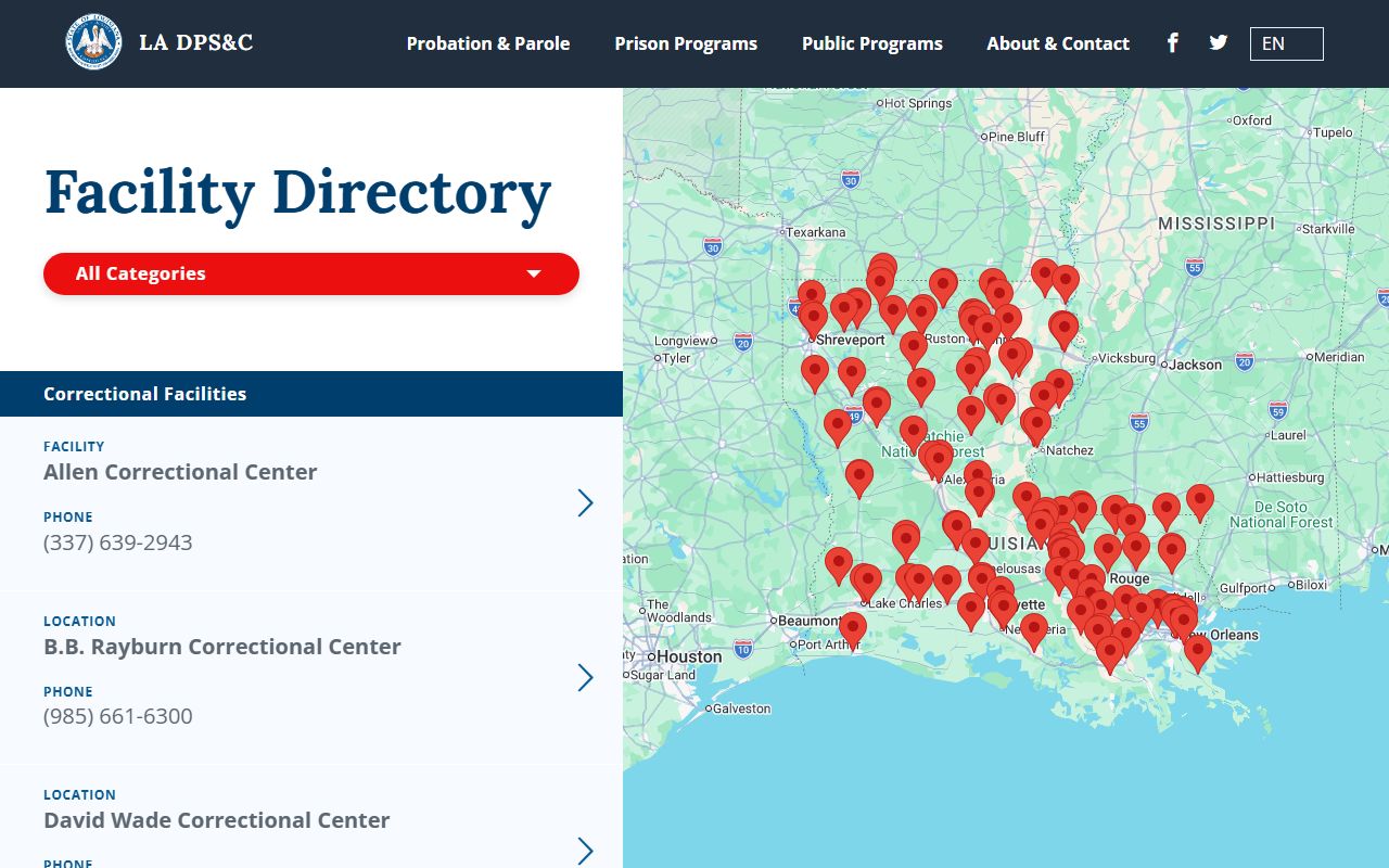 CINC Transitional Work Program DPS&C facility directory listing for Calcasieu Parish custody